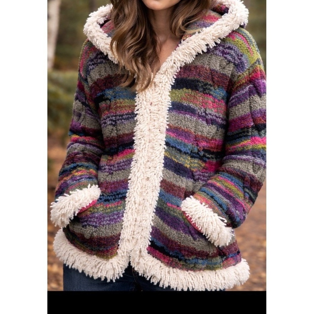Hand Knitted Hooded Sweater Colorful Fringed Pockets Artist Made Heavy Knit - Picture 8 of 8